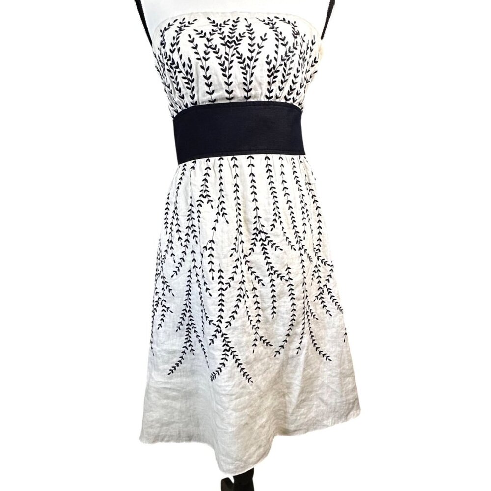Ann Taylor Womens Dress Strapless White Embroidered Black Waist Linen Fairy